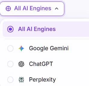 The AI engine filter open, with options for All AI Engines, Google Gemini, ChatGPT and Perplexity