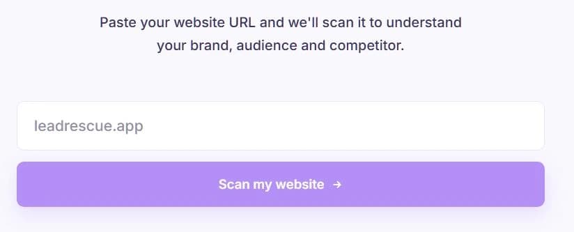 The first onboarding step: a single field to paste your website address and a Scan my website button