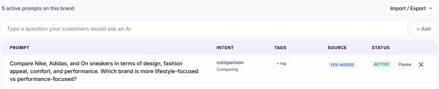 A tracked question on the Prompts page with its intent, tags, and source, and an Active status next to a Pause button