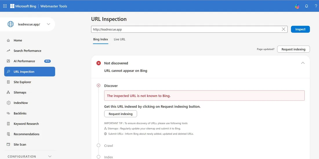 Bing Webmaster Tools URL Inspection showing Not discovered and the message The inspected URL is not known to Bing for leadrescue.app