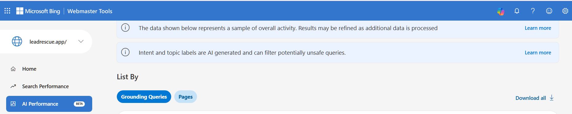 Bing Webmaster Tools AI Performance (beta) section showing Grounding Queries and Pages tabs for the leadrescue.app property