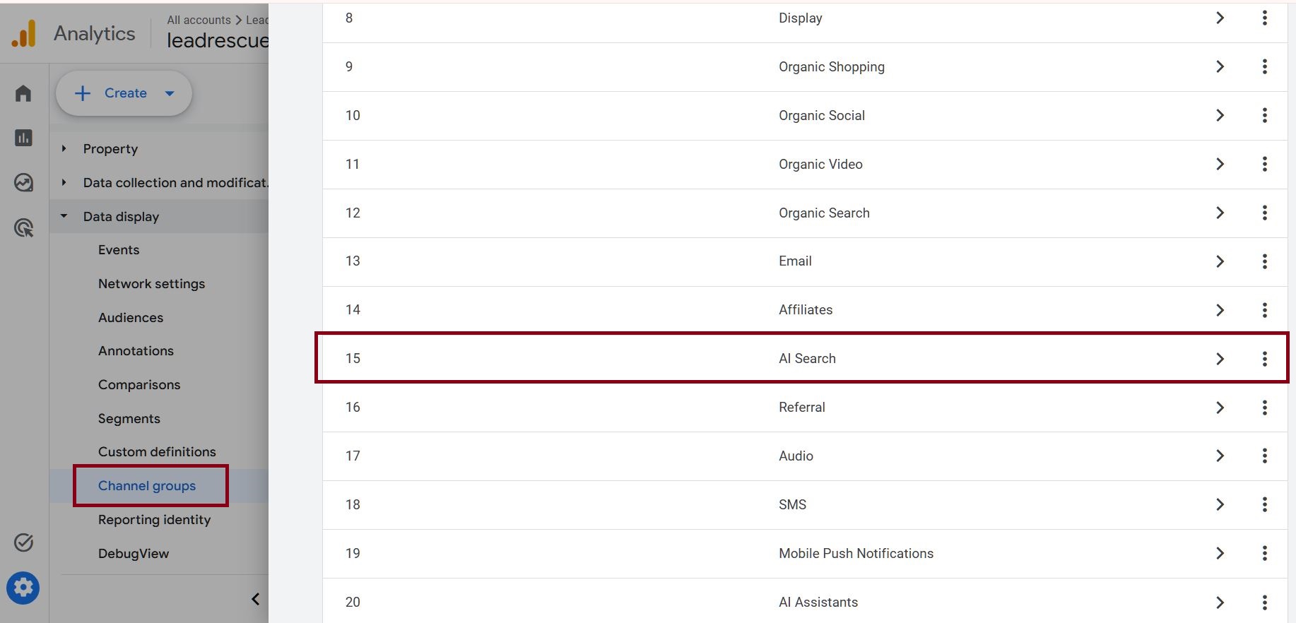 Google Analytics 4 Channel Groups screen showing the AI Search custom channel at row 15, with Channel groups highlighted in the left sidebar
