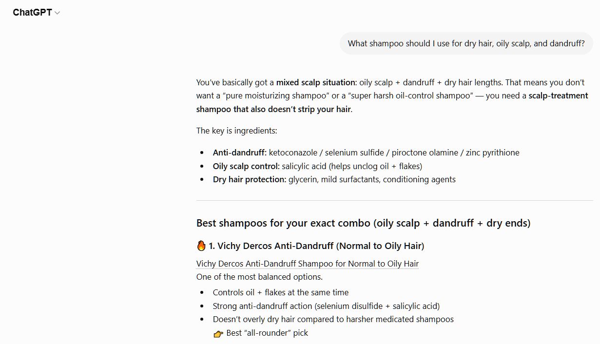 ChatGPT answering a buyer question about shampoo with specific brand recommendations — no page rankings, just a short list of named products