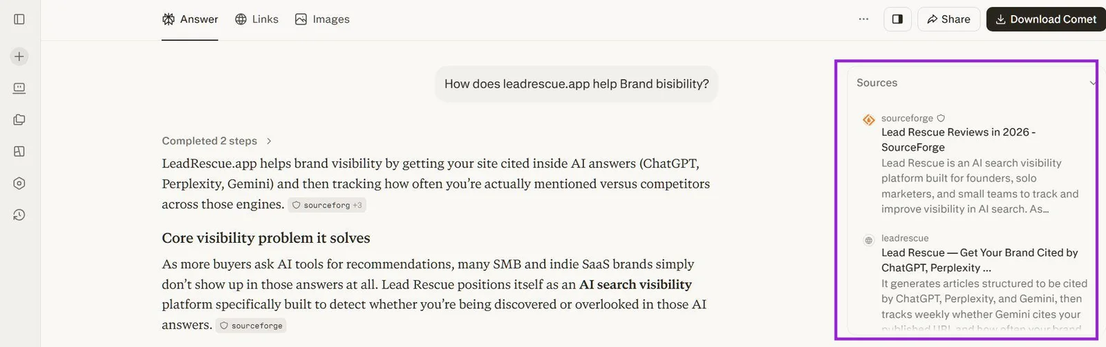 Perplexity answer citing sources for the question how does leadrescue.app help brand visibility, with a Sources panel on the right listing the pages it pulled the answer from